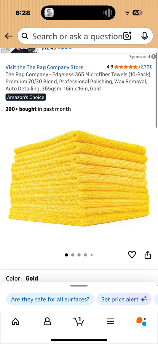The Rag Company - Edgeless 365 Microfiber Towels (10-Pack) Premium 70/30 Blend, Professional Polishing, Wax Removal, Auto Detailing, 365gsm, 16in x 16in, Gold