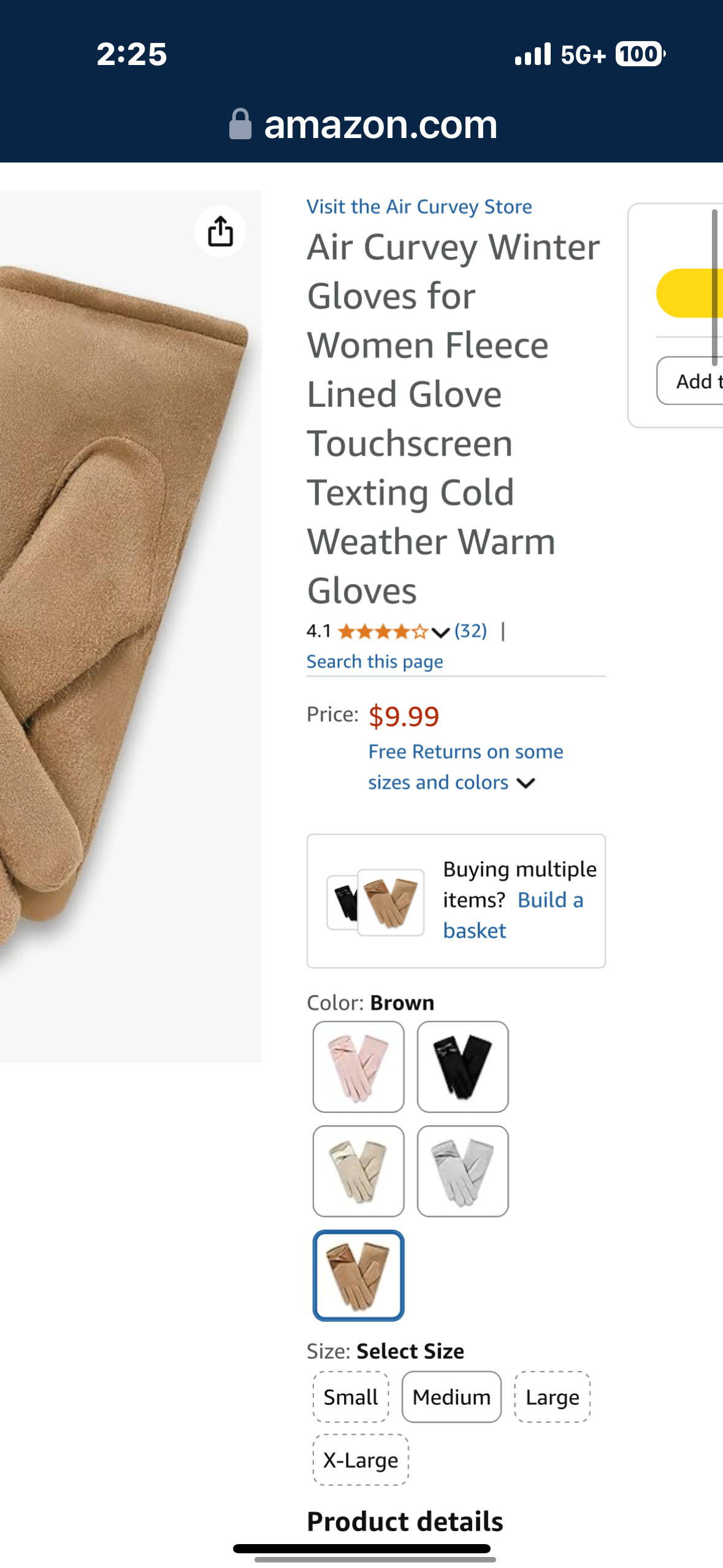 Air Curvey Winter Gloves for Women Fleece Lined Glove Touchscreen Texting Cold Weather Warm Gloves Size Small