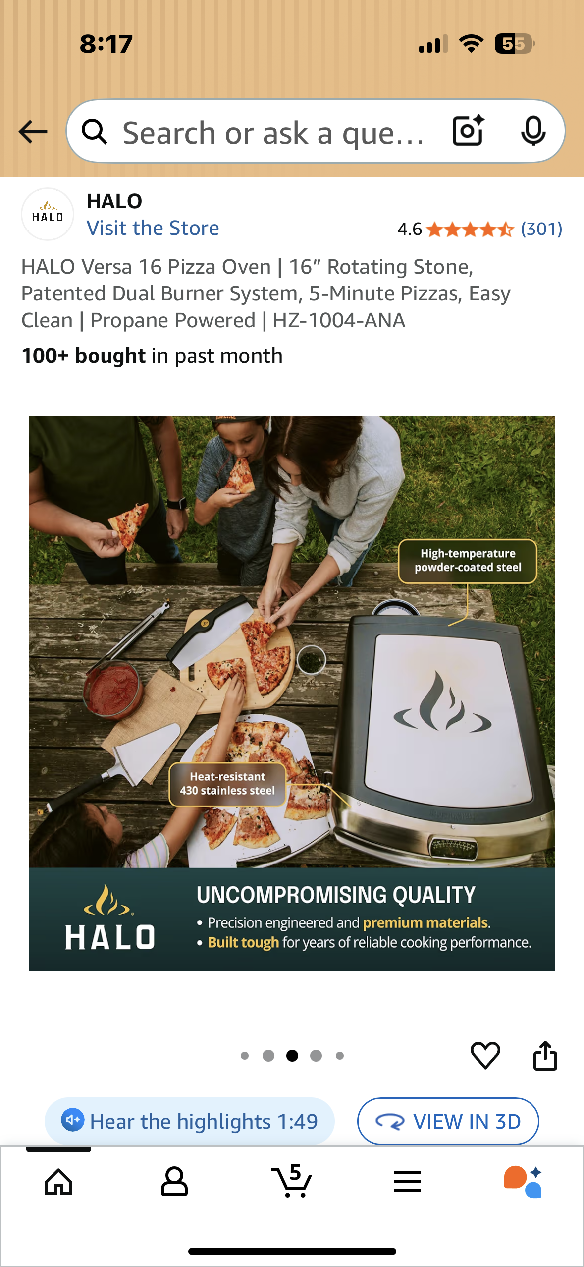 HALO Versa 16 Pizza Oven, 16” Rotating Stone, Patented Dual Burner System, 5-Minute Pizzas, Easy Clean, Propane Powered (R716)