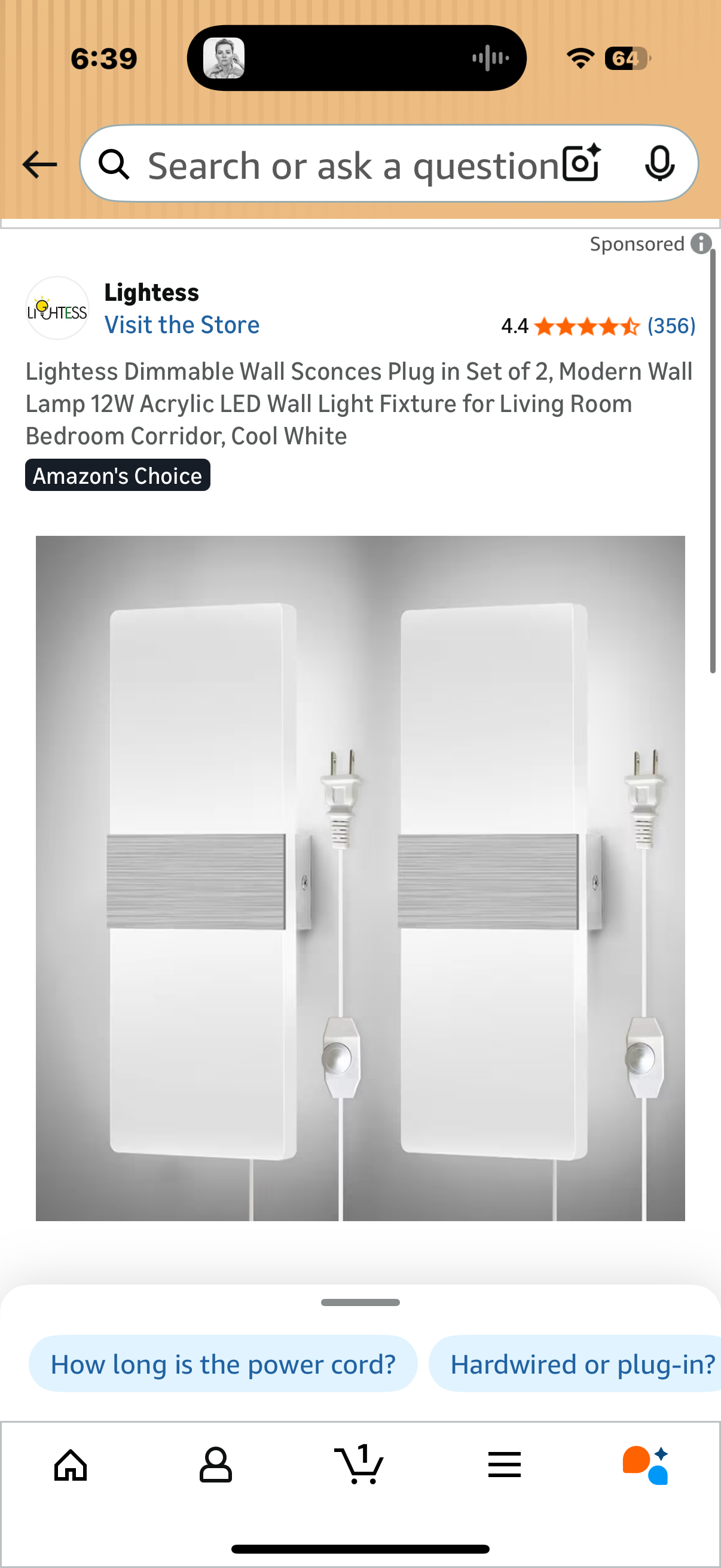 Lightess Dimmable Wall Sconces Plug in Set of 2, Modern Wall Lamp 12W Acrylic LED Wall Light Fixture for Living Room Bedroom Corridor, Cool White