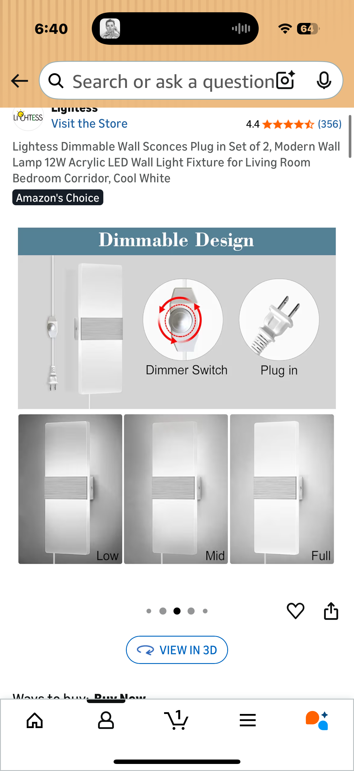 Lightess Dimmable Wall Sconces Plug in Set of 2, Modern Wall Lamp 12W Acrylic LED Wall Light Fixture for Living Room Bedroom Corridor, Cool White