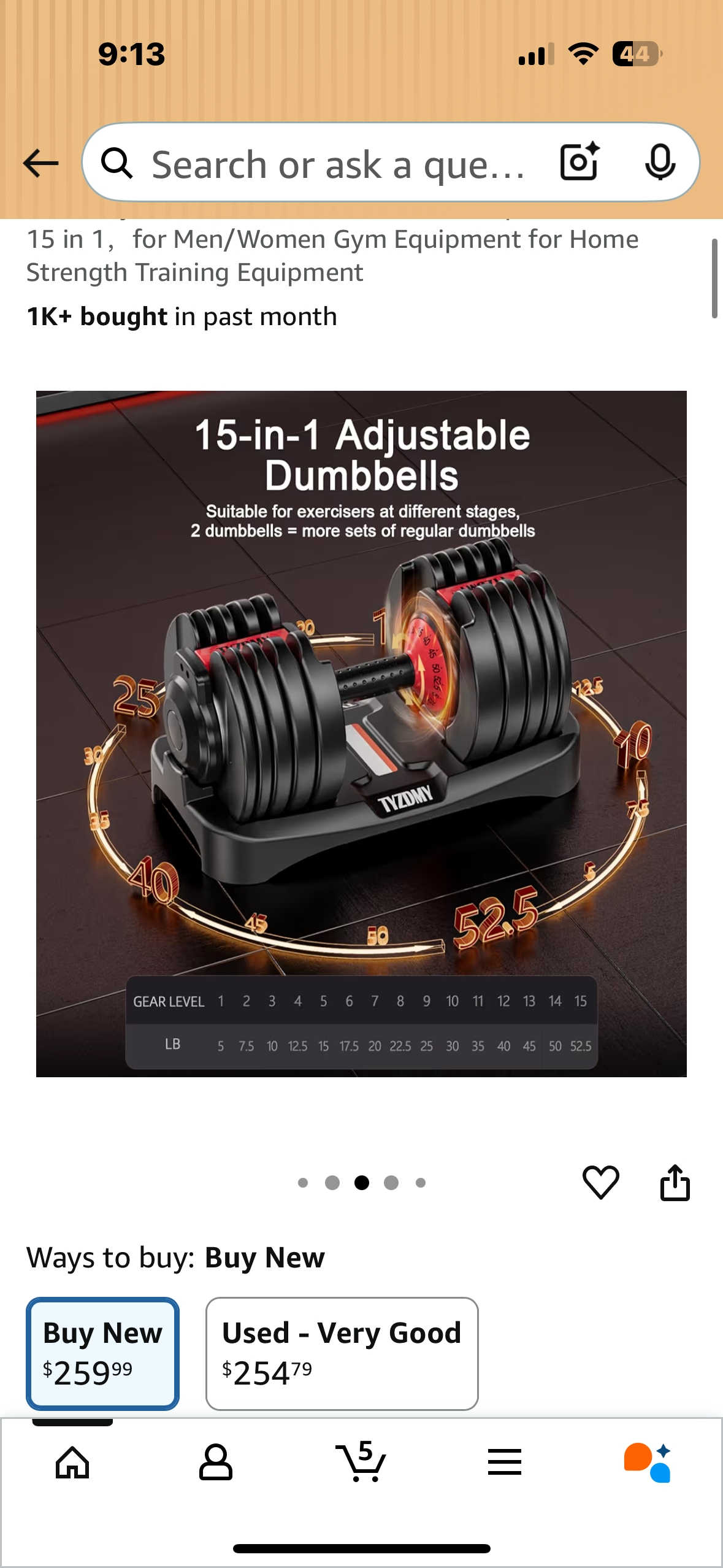 Adjustable Dumbbell, Single Free Weight, Adjustable 52.5 lbs, 15 in 1, Gym Equipment for Home Strength Training (W530)