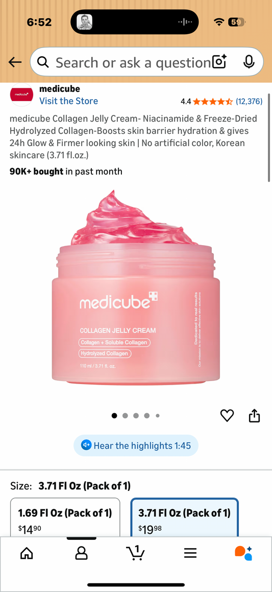 medicube Collagen Jelly Cream- Niacinamide & Freeze-Dried Hydrolyzed Collagen-Boosts skin barrier hydration & gives 24h Glow & Firmer looking