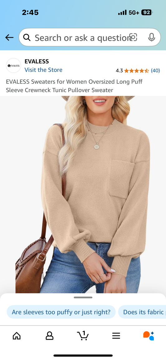 EVALESS Sweaters for Women Oversized Long Puff Sleeve Crewneck Tunic Pullover Sweater