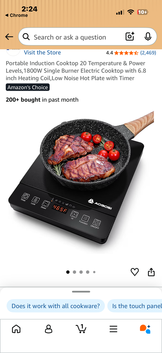 Portable Induction Cooktop 20 Temperature & Power Levels, 1800W Single Burner Electric Cooktop with 6.8 inch Heating Coil, Low Noise Hot Plate with Timer