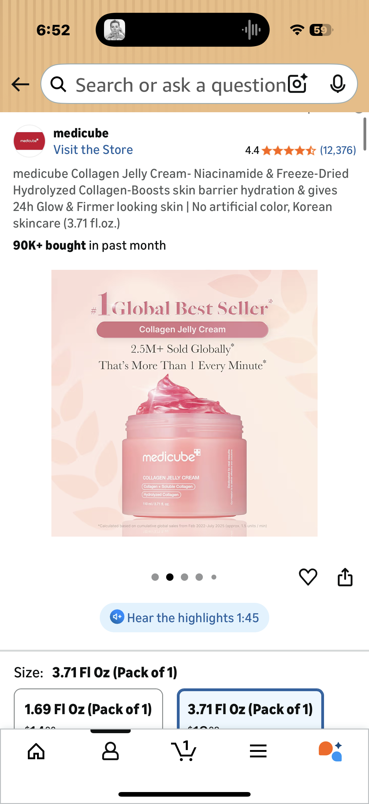 medicube Collagen Jelly Cream- Niacinamide & Freeze-Dried Hydrolyzed Collagen-Boosts skin barrier hydration & gives 24h Glow & Firmer looking