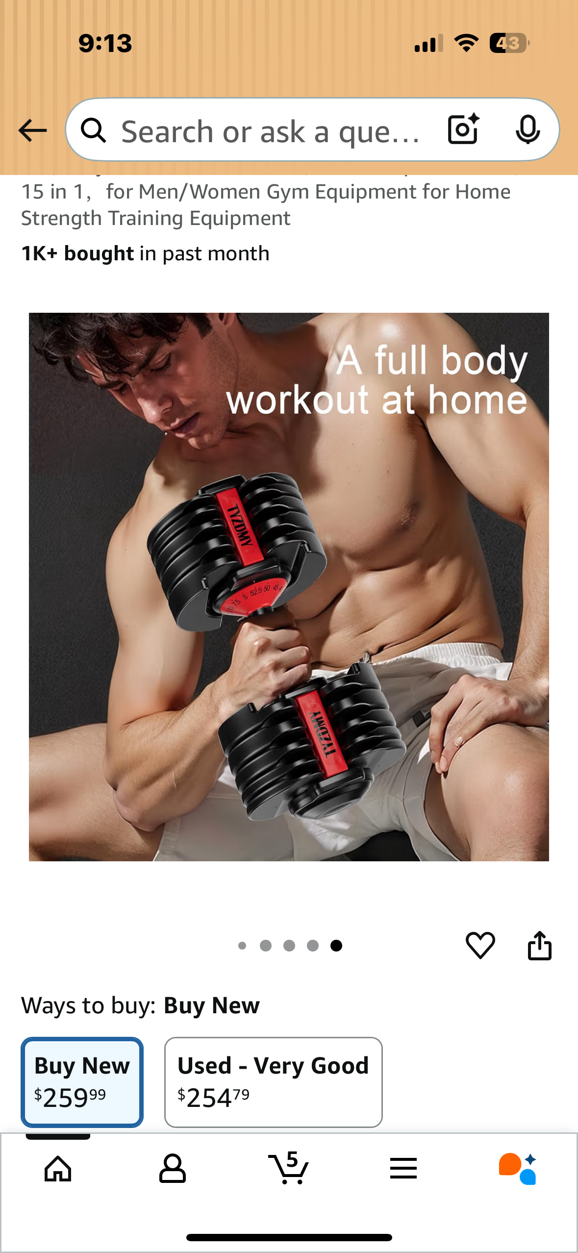 Adjustable Dumbbell, Single Free Weight, Adjustable 52.5 lbs, 15 in 1, Gym Equipment for Home Strength Training (W530)