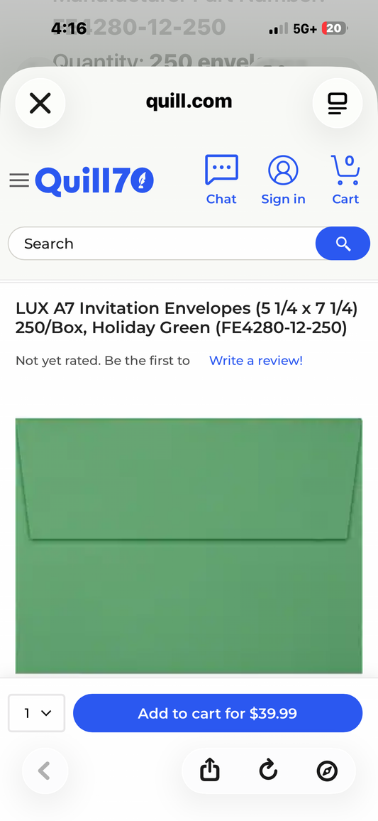 LUX A7 Invitation Envelopes (5 1/4 x 7 1/4) 250/Box, Holiday Green (FE4280-12-250)