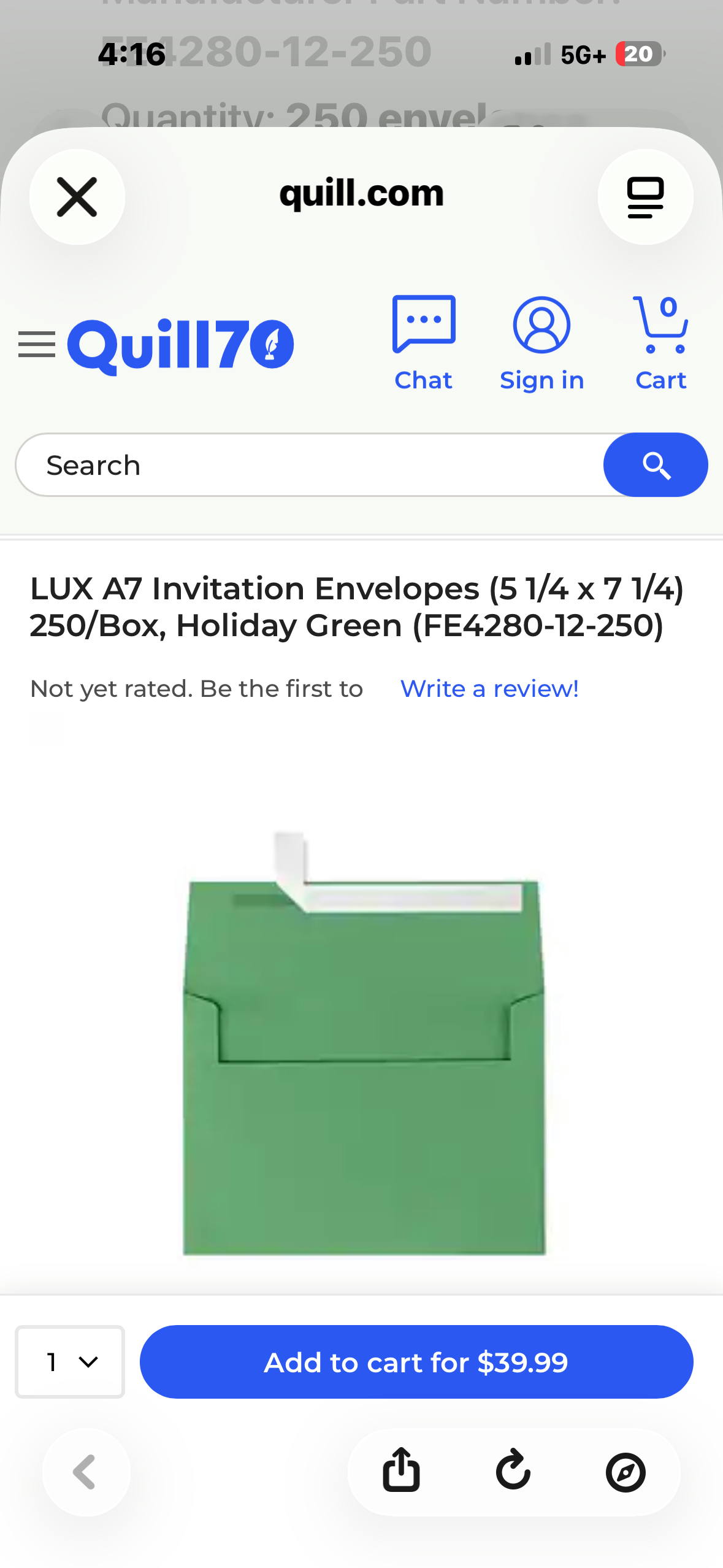 LUX A7 Invitation Envelopes (5 1/4 x 7 1/4) 250/Box, Holiday Green (FE4280-12-250)
