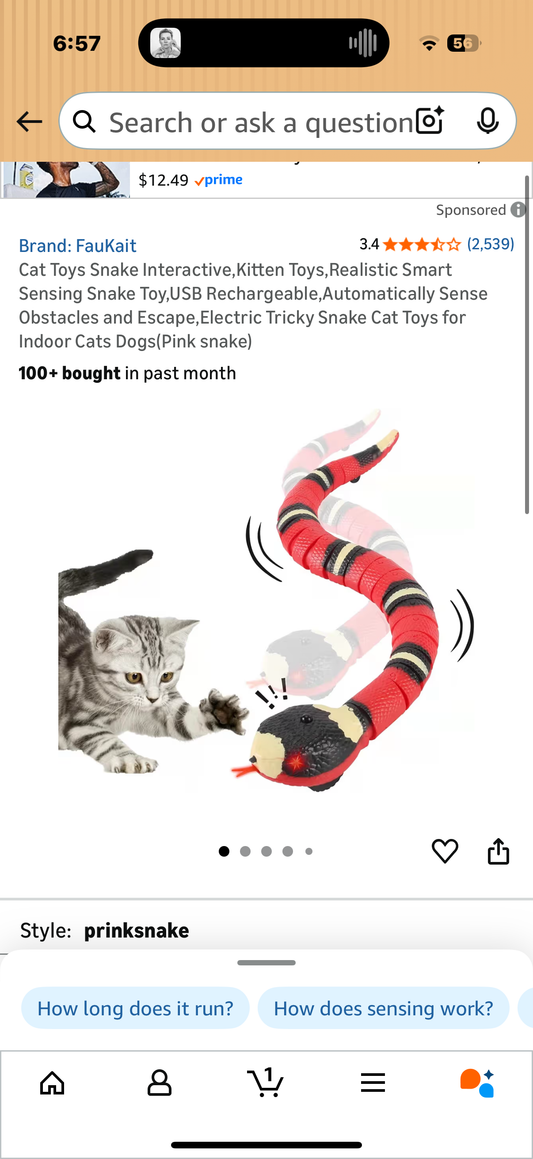 Cat Toys Snake Interactive,Kitten Toys,Realistic Smart Sensing Snake Toy,USB Rechargeable,Automatically Sense Obstacles and Escape,Electric Tricky Snake Cat Toys for Indoor Cats Dogs(Pink snake