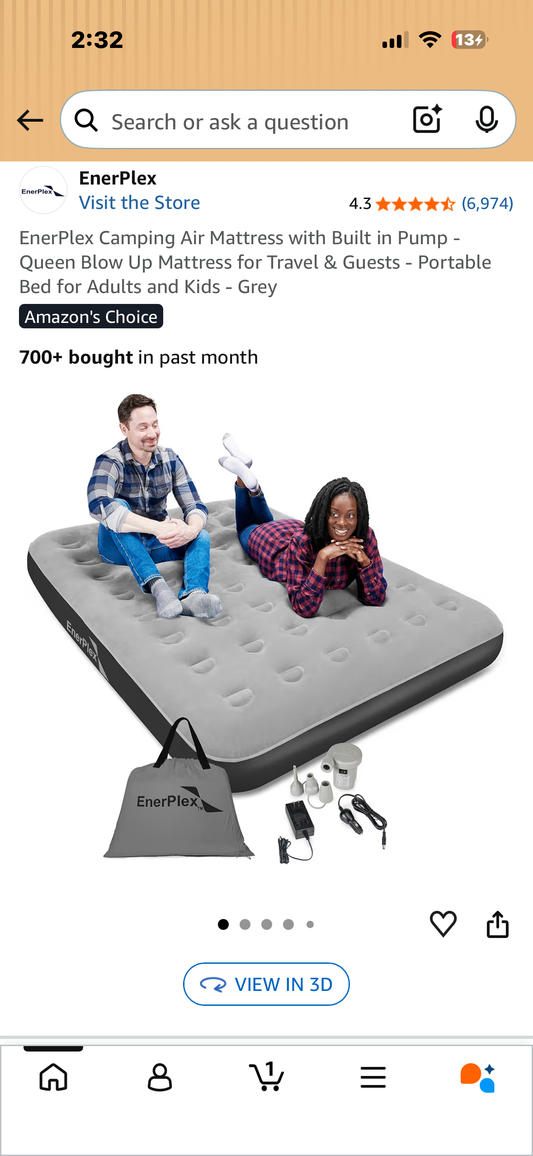 EnerPlex Queen Size Camping Air Mattress with Built in Pump - for Travel & Guests - Portable Bed for Adults and Kids - Grey