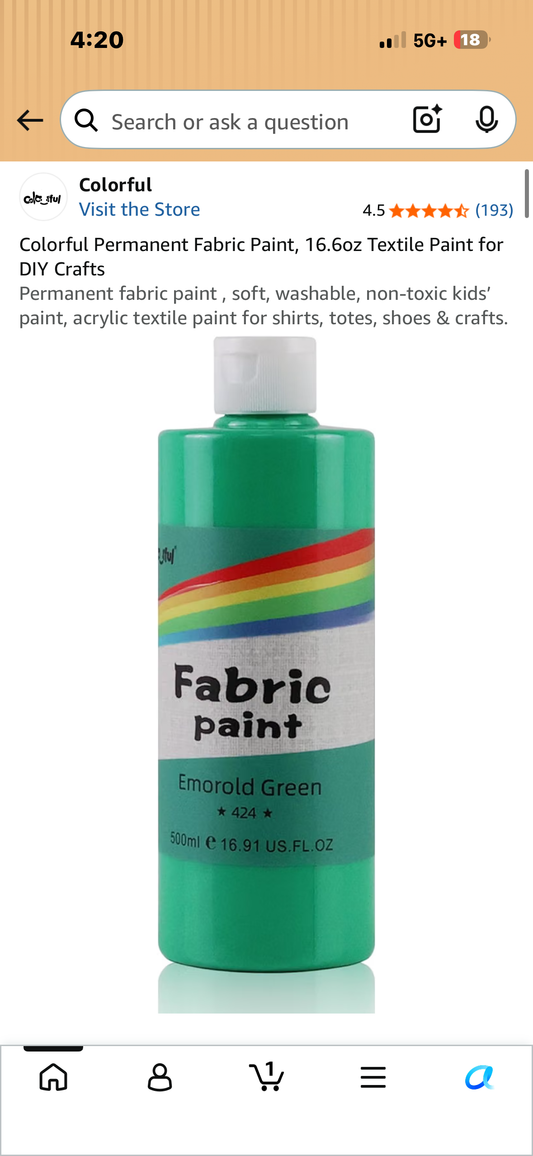 Colorful Permanent Fabric Paint, 16.6oz Textile Paint for DIY Crafts Permanent fabric paint , soft, washable, non-toxic kids’ paint, acrylic textile paint for shirts, totes, shoes & crafts.
