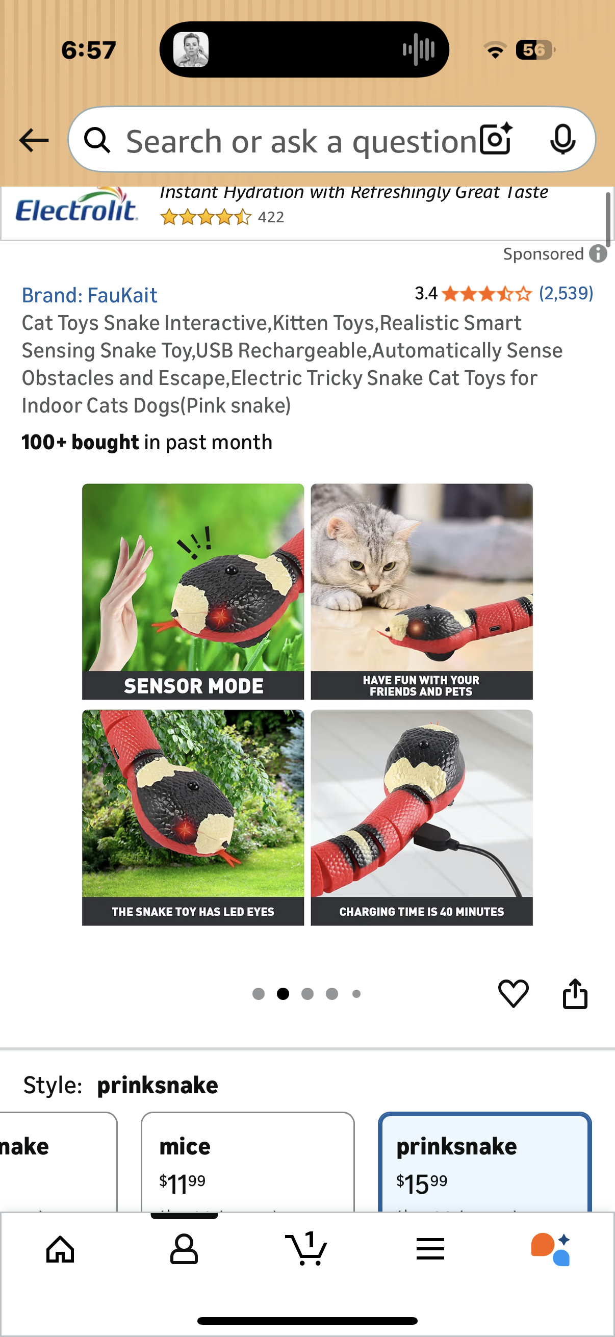 Cat Toys Snake Interactive,Kitten Toys,Realistic Smart Sensing Snake Toy,USB Rechargeable,Automatically Sense Obstacles and Escape,Electric Tricky Snake Cat Toys for Indoor Cats Dogs(Pink snake
