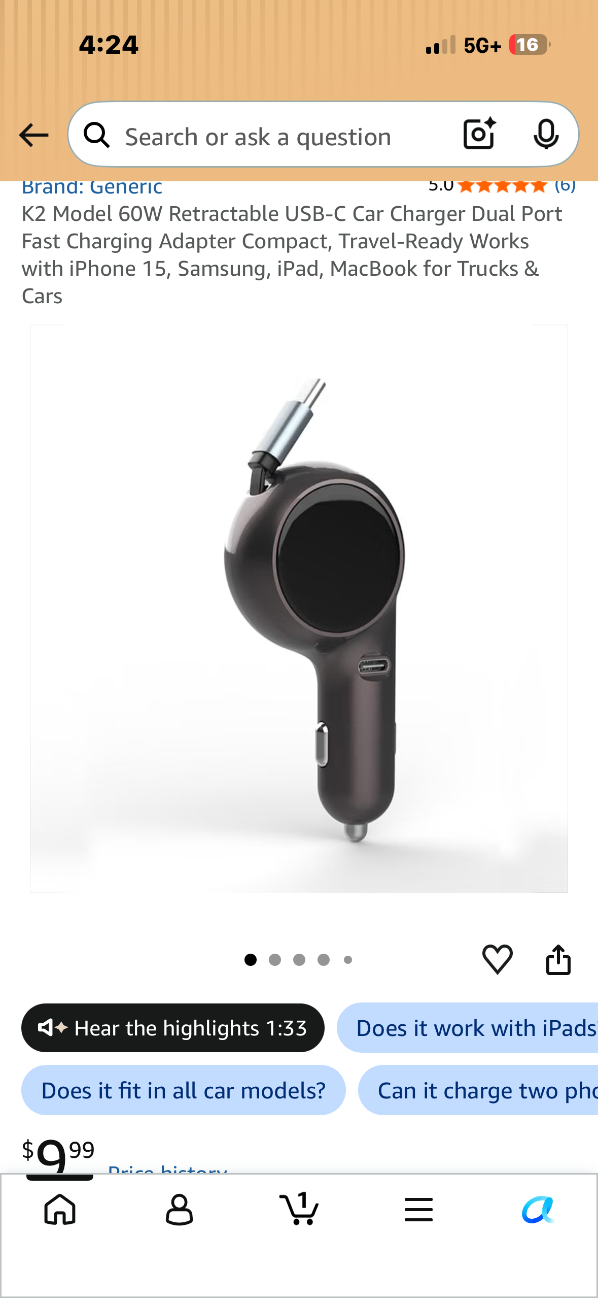 K2 Model 60W Retractable USB-C Car Charger Dual Port Fast Charging Adapter Compact, Travel-Ready Works with iPhone 15, Samsung, iPad, MacBook for Trucks & Cars