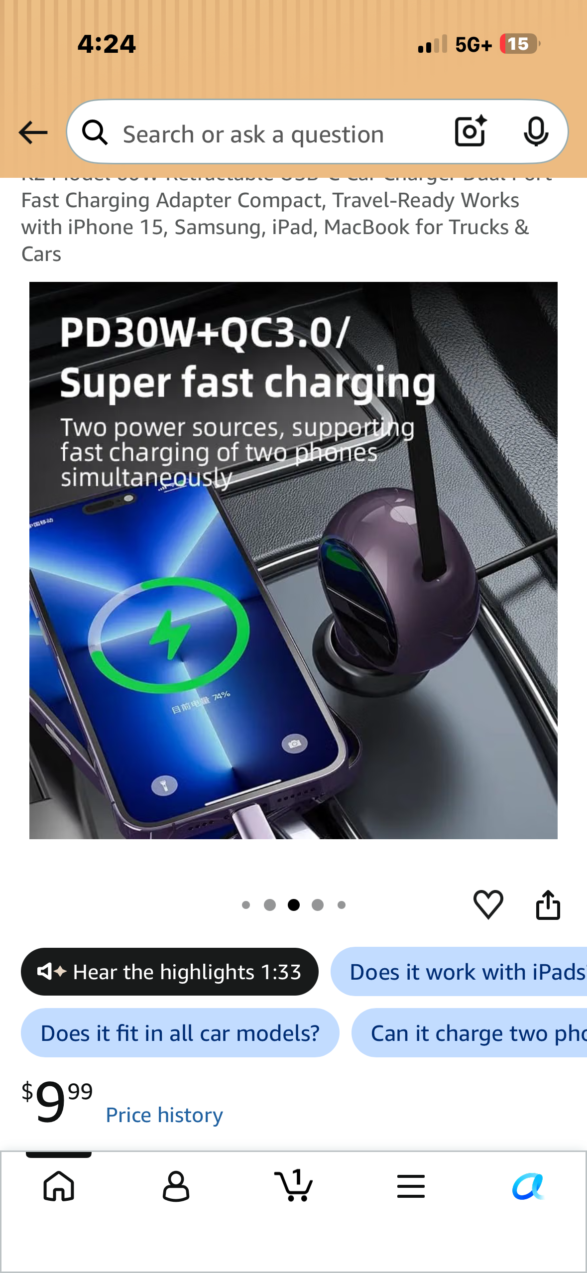 K2 Model 60W Retractable USB-C Car Charger Dual Port Fast Charging Adapter Compact, Travel-Ready Works with iPhone 15, Samsung, iPad, MacBook for Trucks & Cars