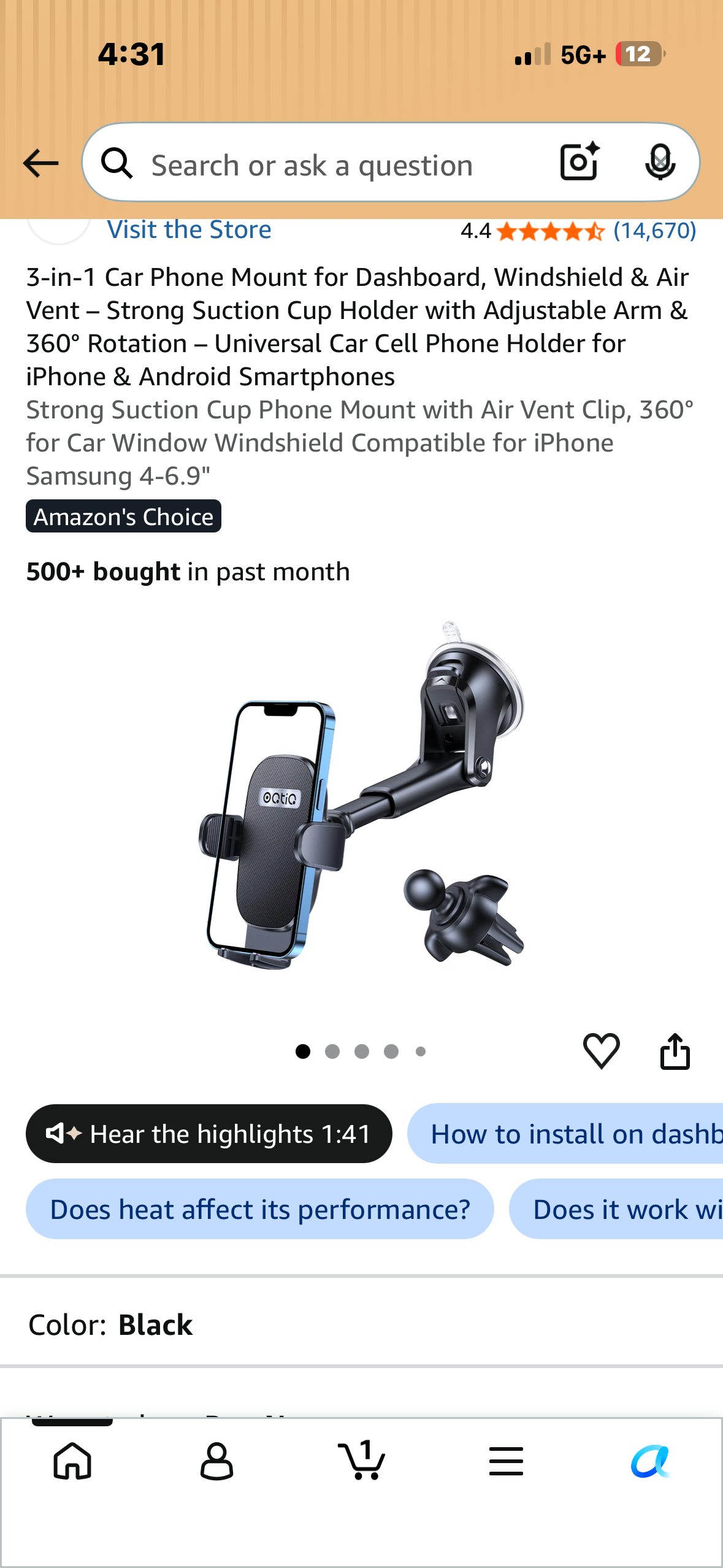 3-in-1 Car Phone Mount for Dashboard, Windshield & Air Vent – Strong Suction Cup Holder with Adjustable Arm & 360° Rotation – Universal Car Cell Phone Holder for iPhone & Android Smartphones