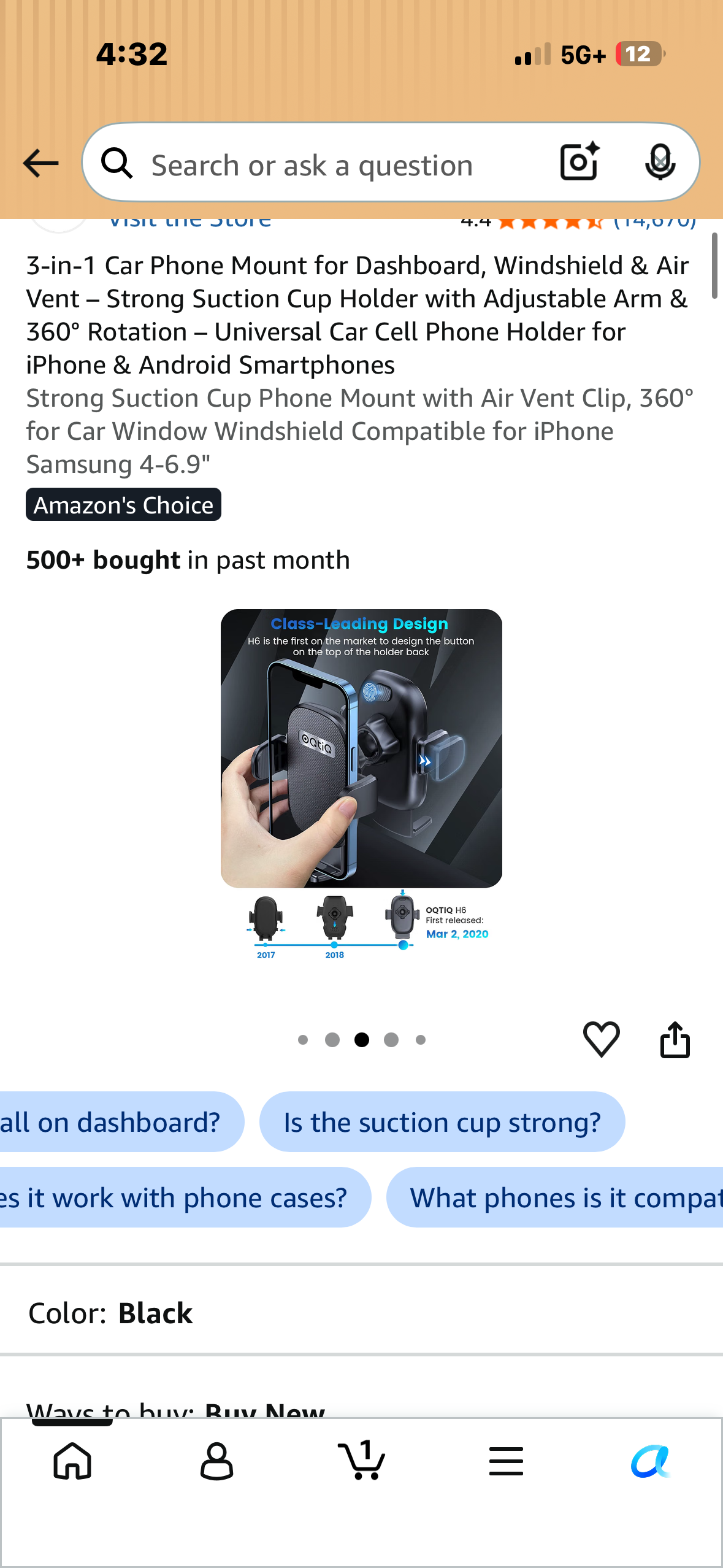 3-in-1 Car Phone Mount for Dashboard, Windshield & Air Vent – Strong Suction Cup Holder with Adjustable Arm & 360° Rotation – Universal Car Cell Phone Holder for iPhone & Android Smartphones