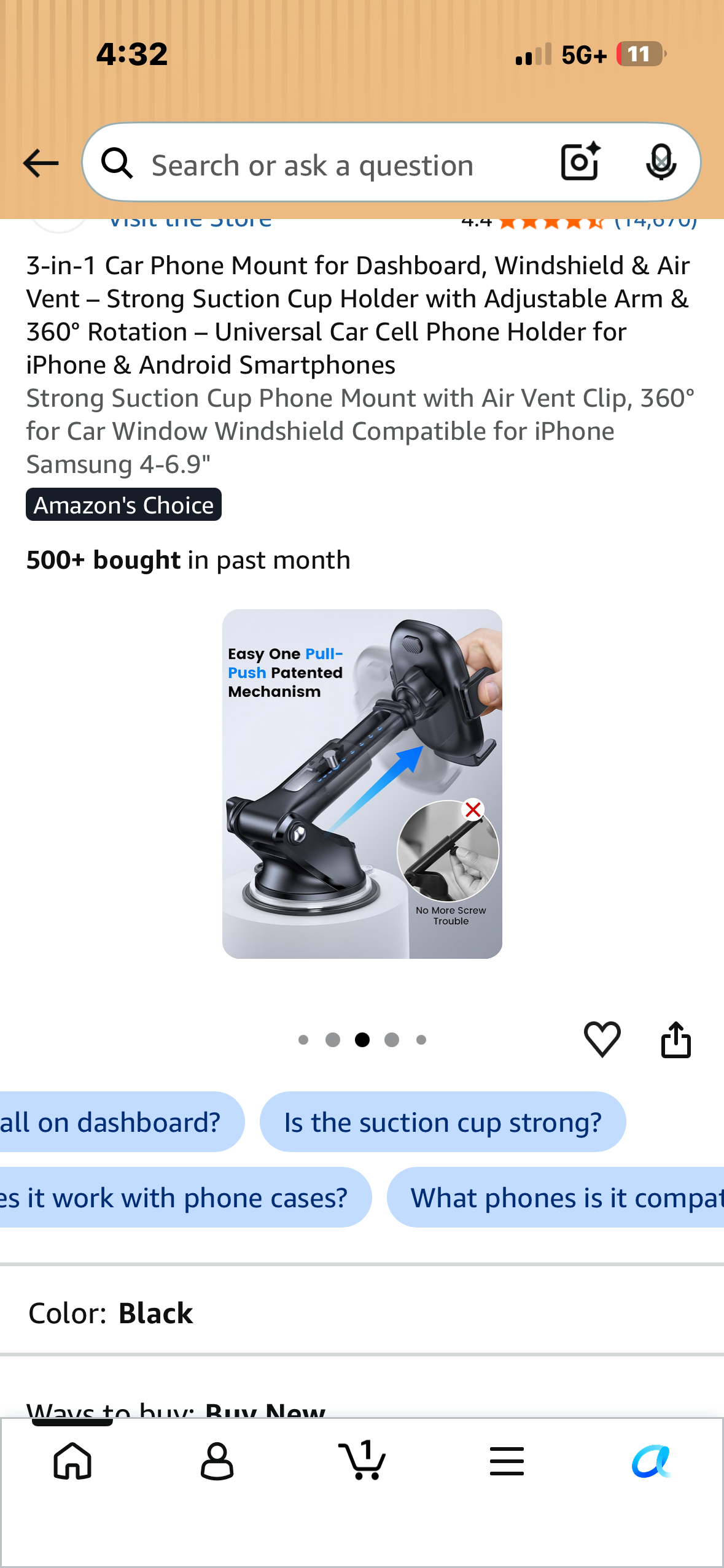 3-in-1 Car Phone Mount for Dashboard, Windshield & Air Vent – Strong Suction Cup Holder with Adjustable Arm & 360° Rotation – Universal Car Cell Phone Holder for iPhone & Android Smartphones