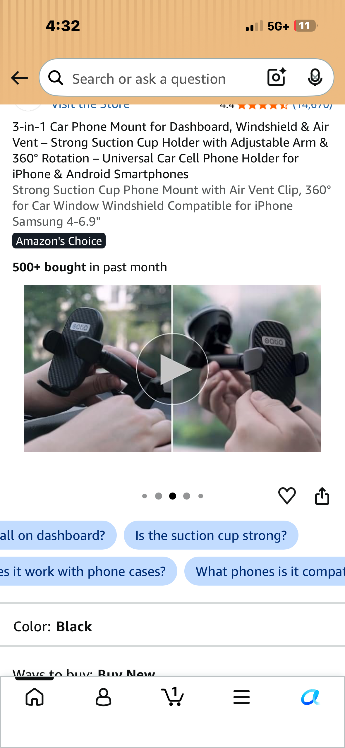 3-in-1 Car Phone Mount for Dashboard, Windshield & Air Vent – Strong Suction Cup Holder with Adjustable Arm & 360° Rotation – Universal Car Cell Phone Holder for iPhone & Android Smartphones
