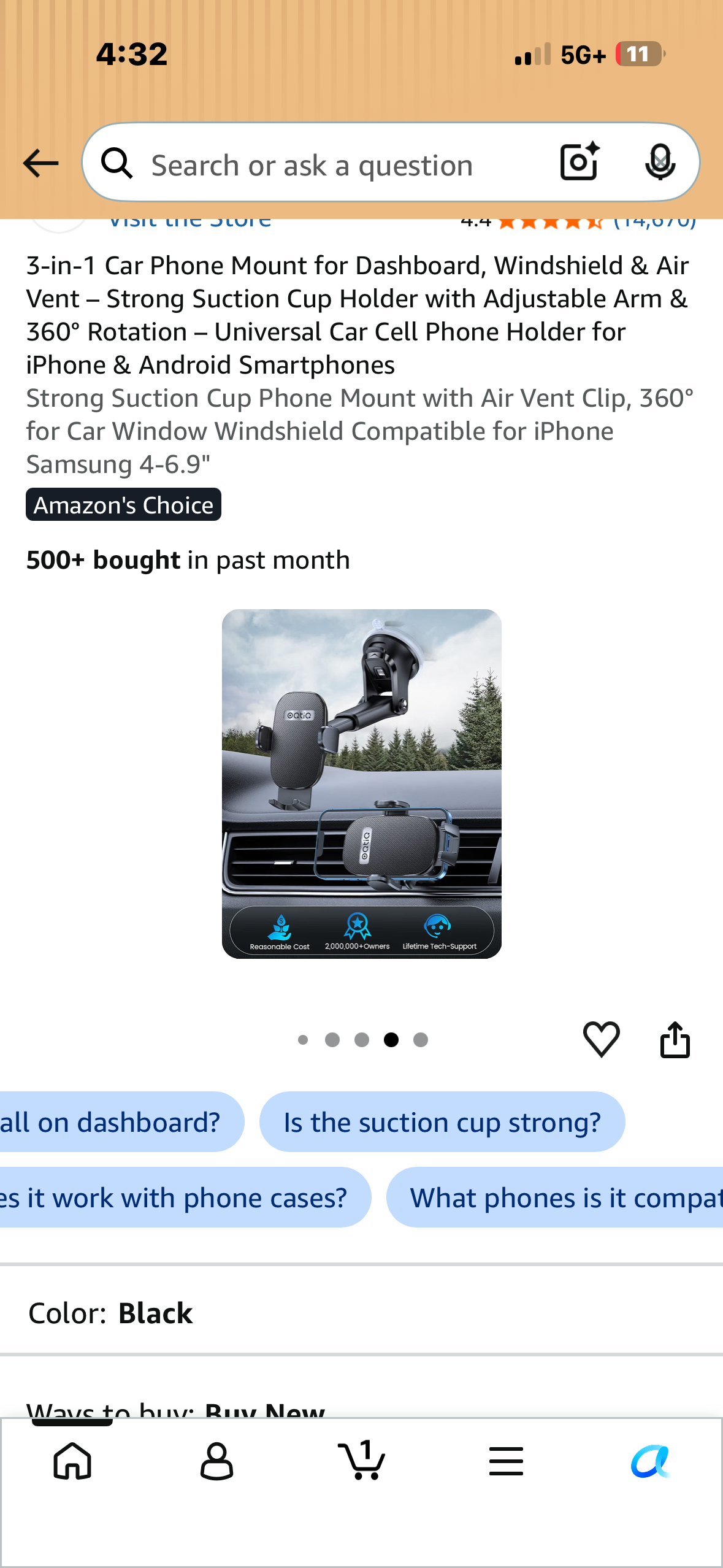 3-in-1 Car Phone Mount for Dashboard, Windshield & Air Vent – Strong Suction Cup Holder with Adjustable Arm & 360° Rotation – Universal Car Cell Phone Holder for iPhone & Android Smartphones