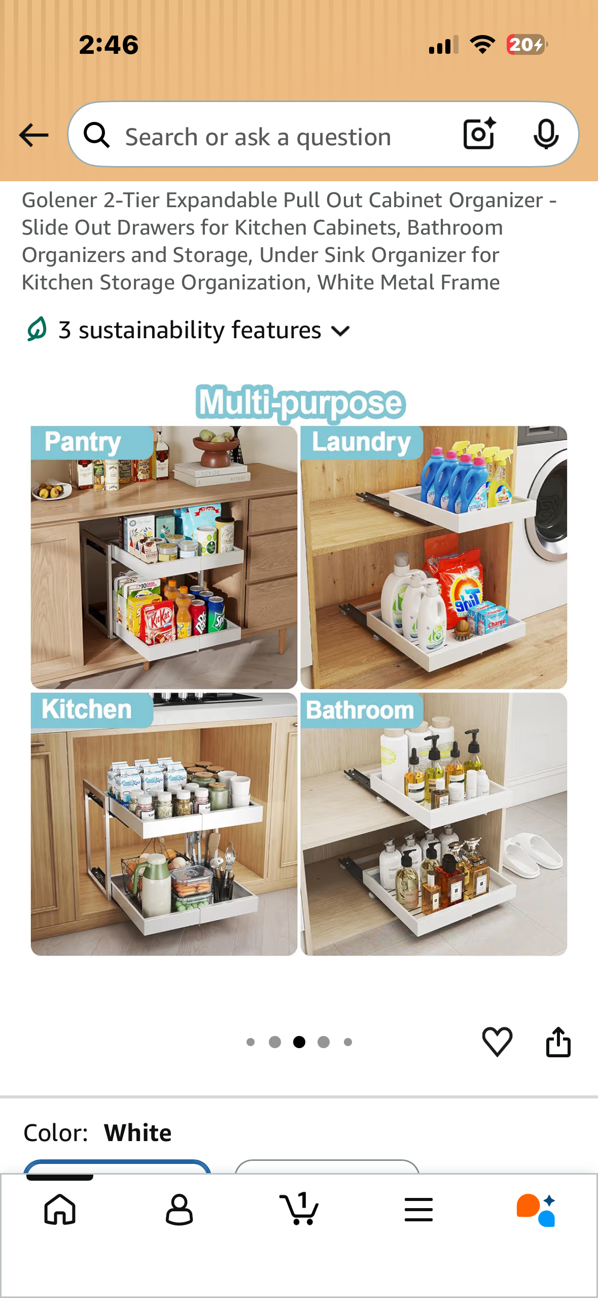 2-Tier Expandable Pull Out Cabinet Organizer - Slide Out Drawers for Kitchen Cabinets, Bathroom Organizers and Storage, Under Sink Organizer for White Metal Frame