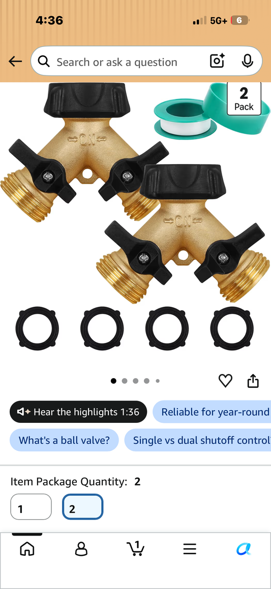 Biswing 2 Pack Garden Hose Splitter 2 Way, Heavy Duty Brass Connector Tap Splitter, Y Splitter 2 Valves with 4 Extra Rubber Washers