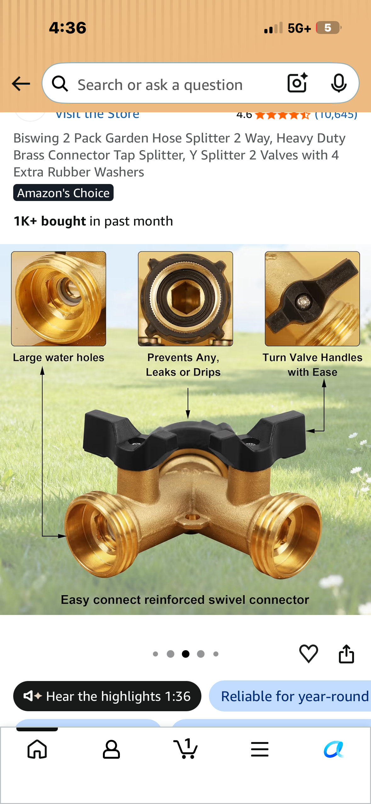 Biswing 2 Pack Garden Hose Splitter 2 Way, Heavy Duty Brass Connector Tap Splitter, Y Splitter 2 Valves with 4 Extra Rubber Washers