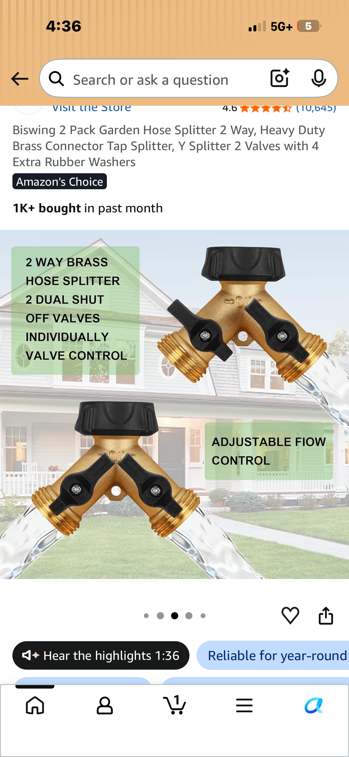 Biswing 2 Pack Garden Hose Splitter 2 Way, Heavy Duty Brass Connector Tap Splitter, Y Splitter 2 Valves with 4 Extra Rubber Washers