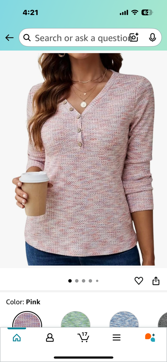 Womens Autumn Waffle Knit Pullover V Neck Blouse, Oversized Solid Casual Button Sweater Pink (Size Medium)