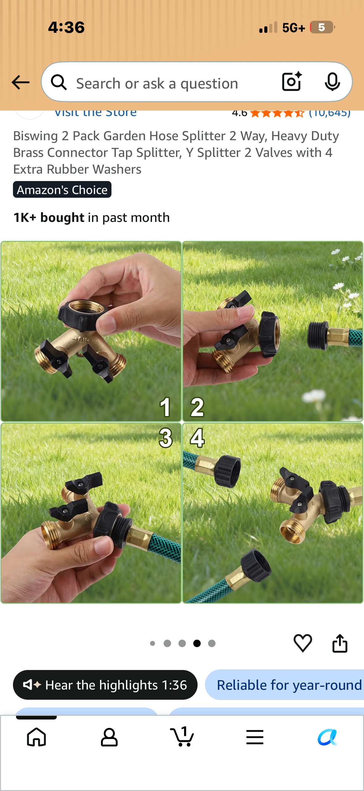 Biswing 2 Pack Garden Hose Splitter 2 Way, Heavy Duty Brass Connector Tap Splitter, Y Splitter 2 Valves with 4 Extra Rubber Washers