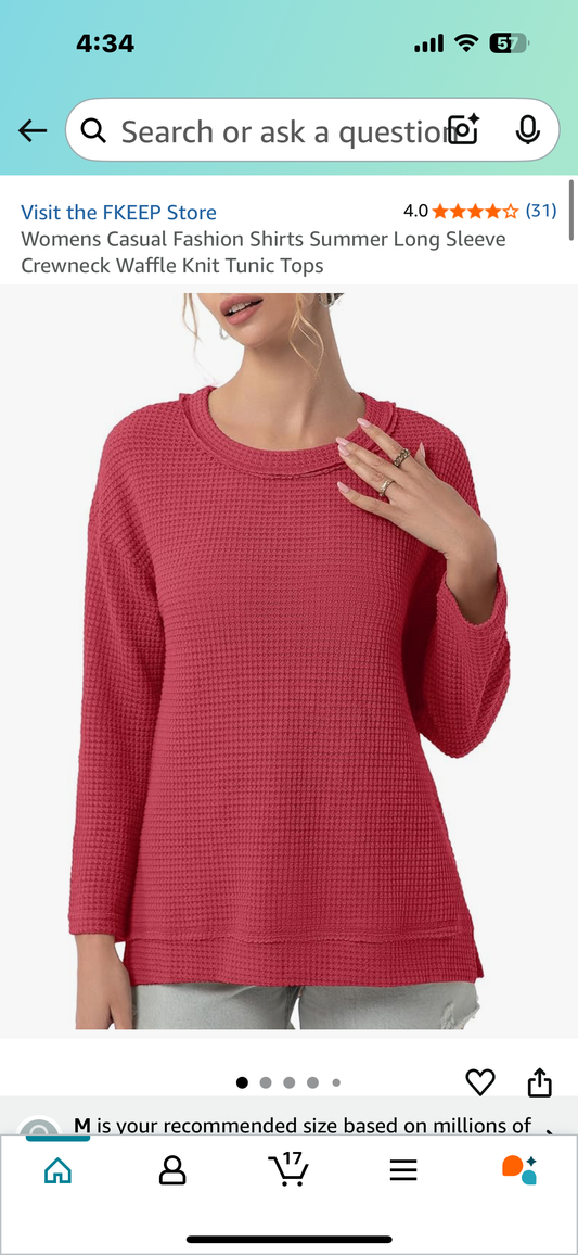 Womens Casual Fashion Shirts Summer Long Sleeve Crewneck Waffle Knit Tunic Tops (Size Medium)
