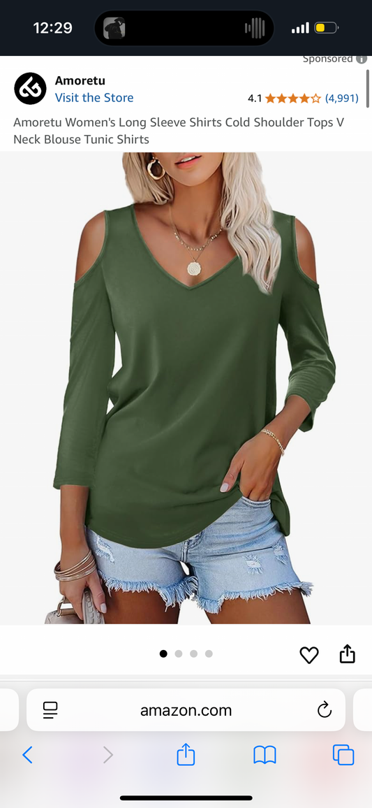 Amoretu Women's Long Sleeve Shirts Cold Shoulder Tops V Neck Blouse Tunic Shirts (Size Small)