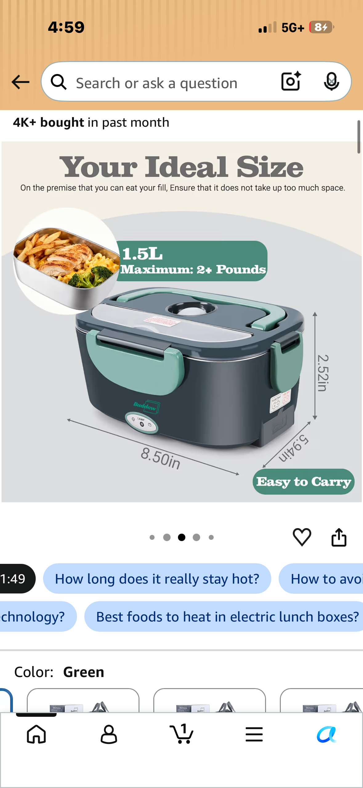 Purab Mart- Electric Lunch Box 60W Food Warmer Heater 12V/24V/110V Faster Heated Lunch Box for Car & Home – With 1.5L Removable 304 SS Container, Leak proof, fork, spoon and Carry Bag (Grey)