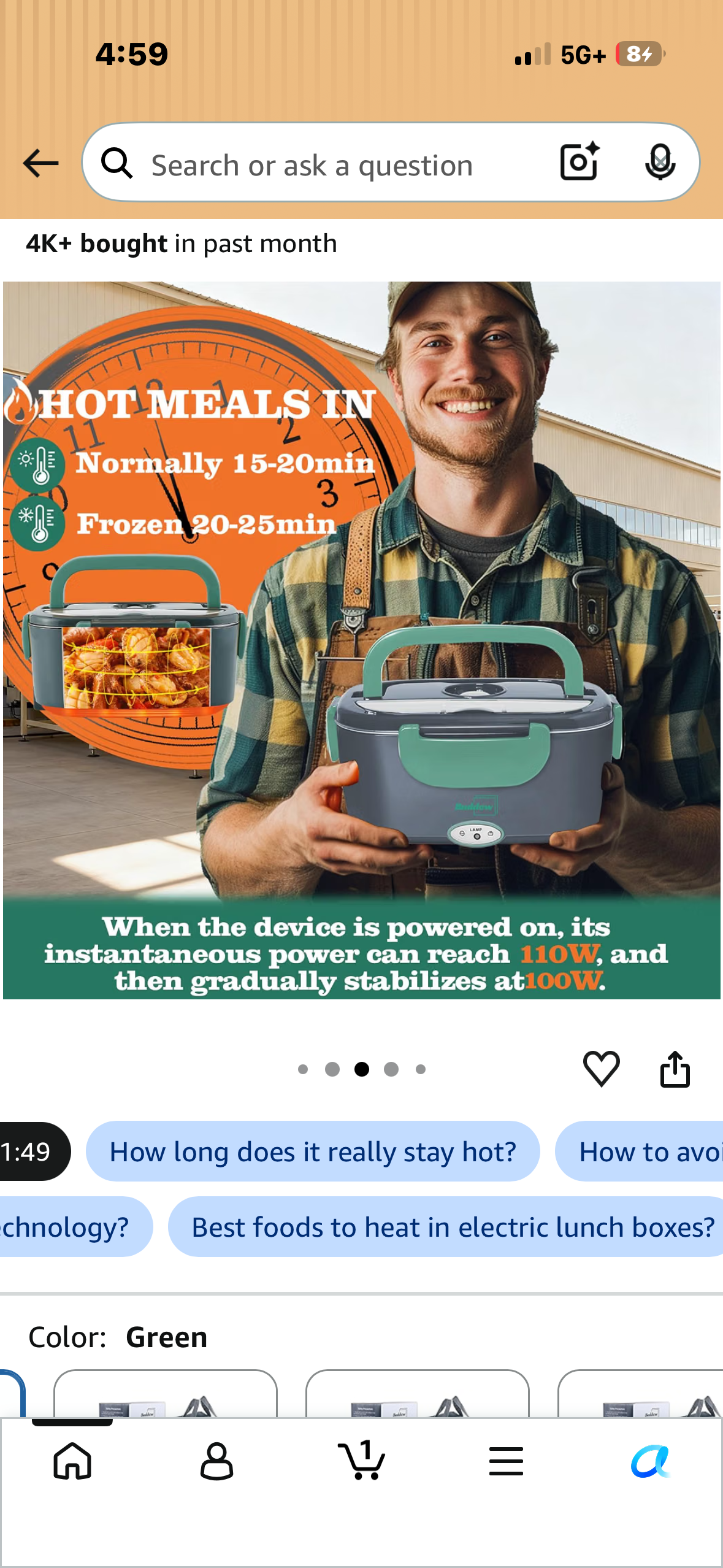 Purab Mart- Electric Lunch Box 60W Food Warmer Heater 12V/24V/110V Faster Heated Lunch Box for Car & Home – With 1.5L Removable 304 SS Container, Leak proof, fork, spoon and Carry Bag (Grey)