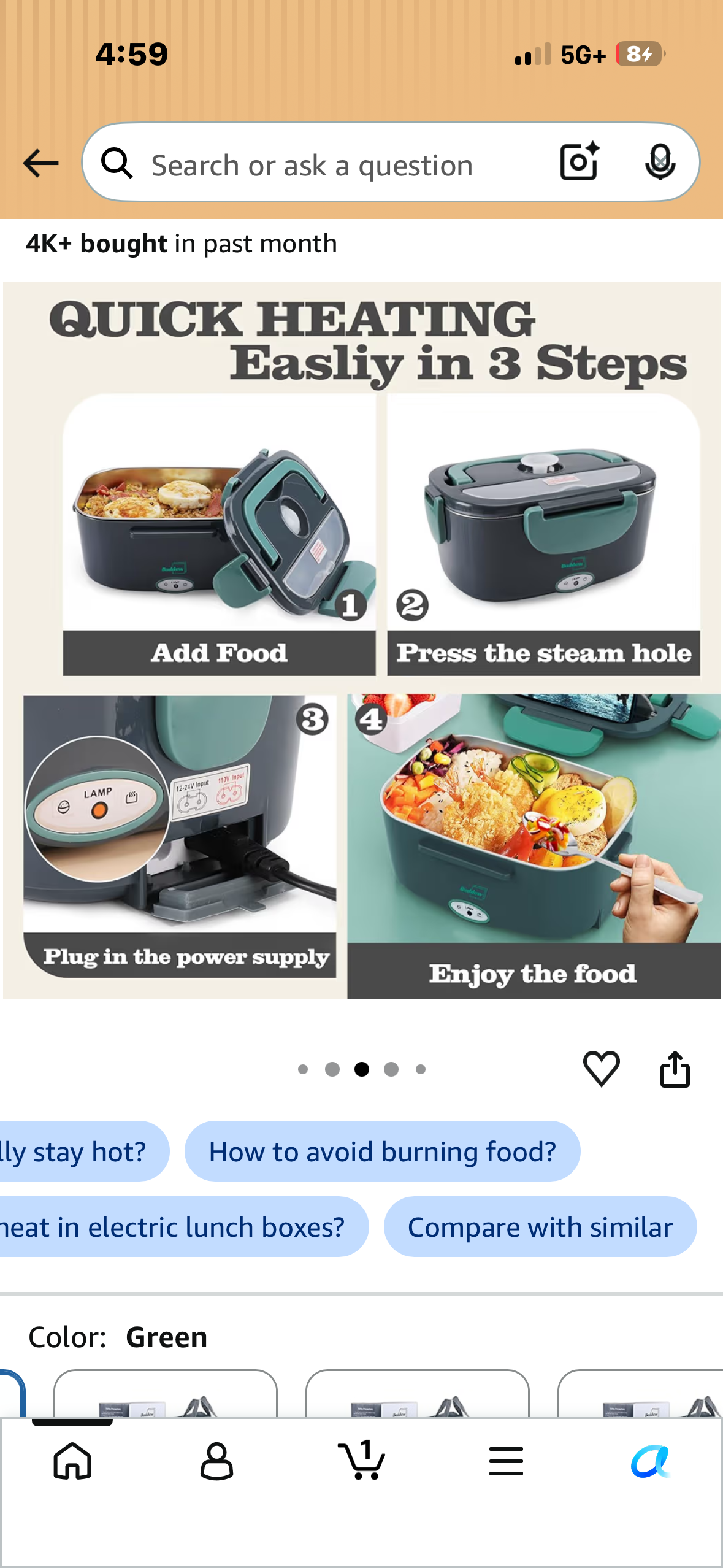Purab Mart- Electric Lunch Box 60W Food Warmer Heater 12V/24V/110V Faster Heated Lunch Box for Car & Home – With 1.5L Removable 304 SS Container, Leak proof, fork, spoon and Carry Bag (Grey)
