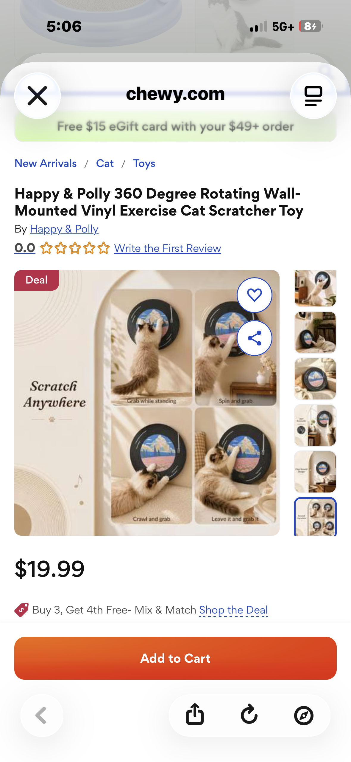 360 Degree Rotating Wall-Mounted Vinyl Exercise Cat Scratcher Toy