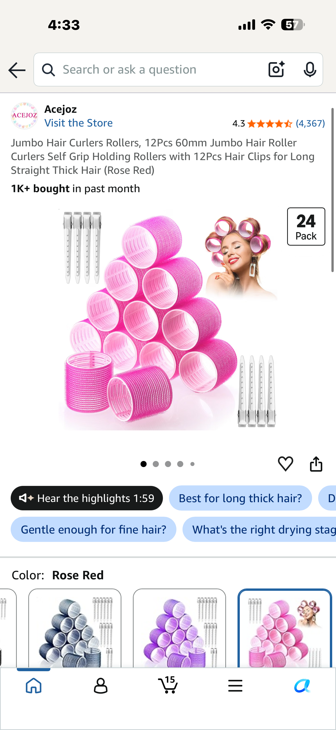 Jumbo Hair Curlers Rollers, 12Pcs 60mm Jumbo Hair Roller Curlers Self Grip Holding Rollers with 12Pcs Hair Clips for Long Straight Thick Hair (Rose Red)