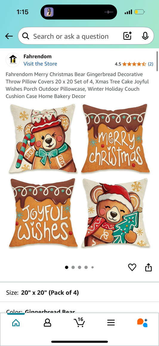 Fahrendom Merry Christmas Bear Gingerbread Decorative Throw Pillow Covers *16x16* Set of 4, Xmas Tree Cake Joyful Wishes Porch Outdoor Pillowcase, Winter Holiday Couch Cushion Case Home Bakery Decor