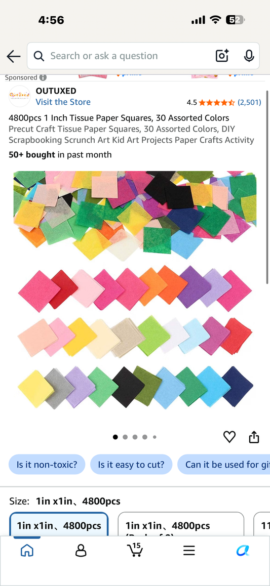 4800pcs 1 Inch Tissue Paper Squares, 30 Assorted Colors Precut Craft Tissue Paper Squares, 30 Assorted Colors, DIY Scrapbooking Scrunch Art Kid Art Projects Paper Crafts Activity