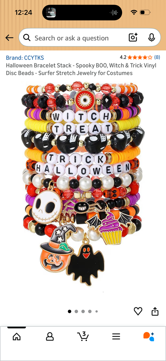 Halloween Bracelet Stack - Spooky BOO, Witch & Trick Vinyl Disc Beads - Surfer Stretch Jewelry for Costumes