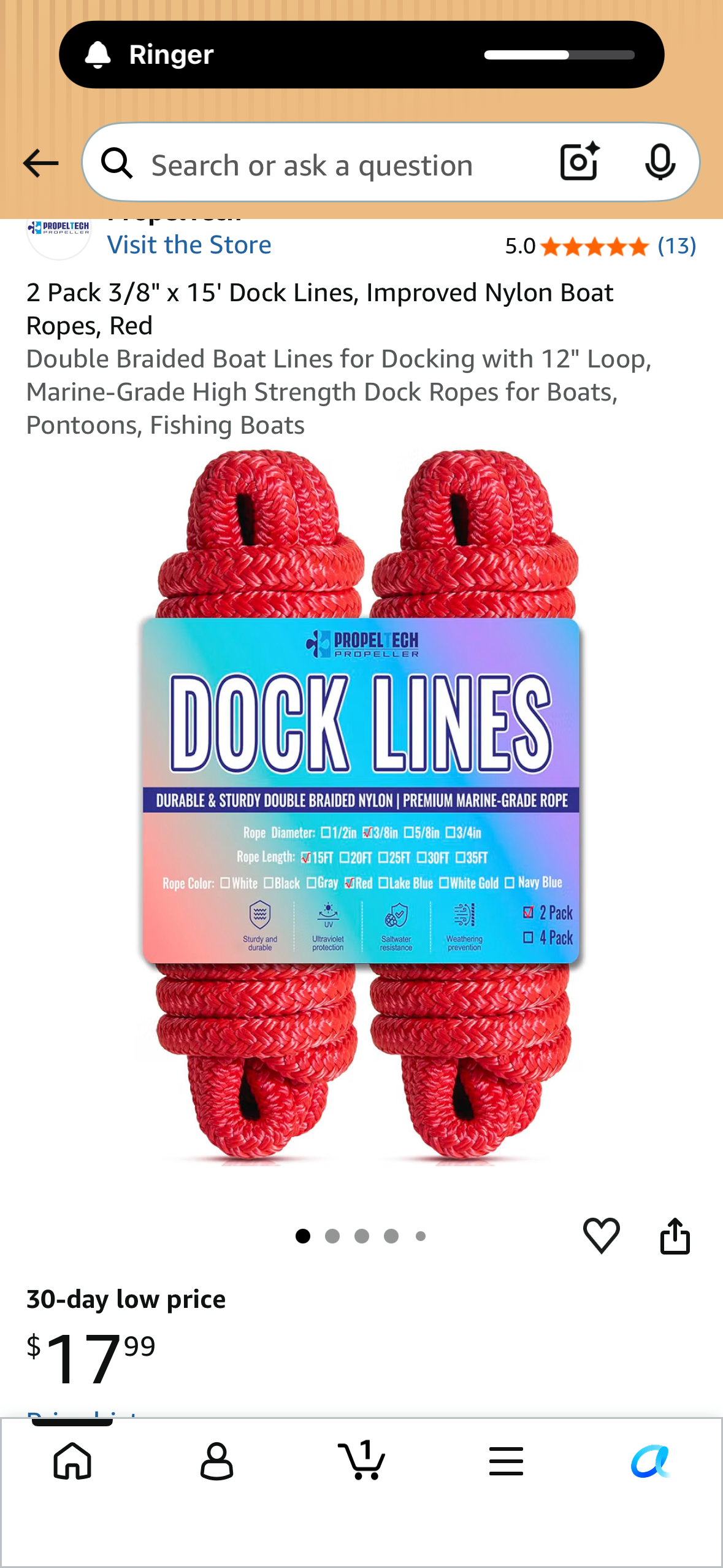 2 Pack 3/8" x 15' Dock Lines, Improved Nylon Boat Ropes, Red Double Braided Boat Lines for Docking with 12" Loop, Marine-Grade High Strength Dock Ropes for Boats, Pontoons, Fishing Boats