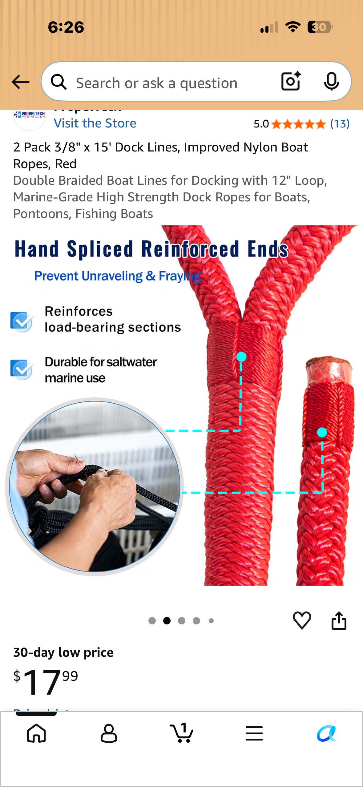 2 Pack 3/8" x 15' Dock Lines, Improved Nylon Boat Ropes, Red Double Braided Boat Lines for Docking with 12" Loop, Marine-Grade High Strength Dock Ropes for Boats, Pontoons, Fishing Boats