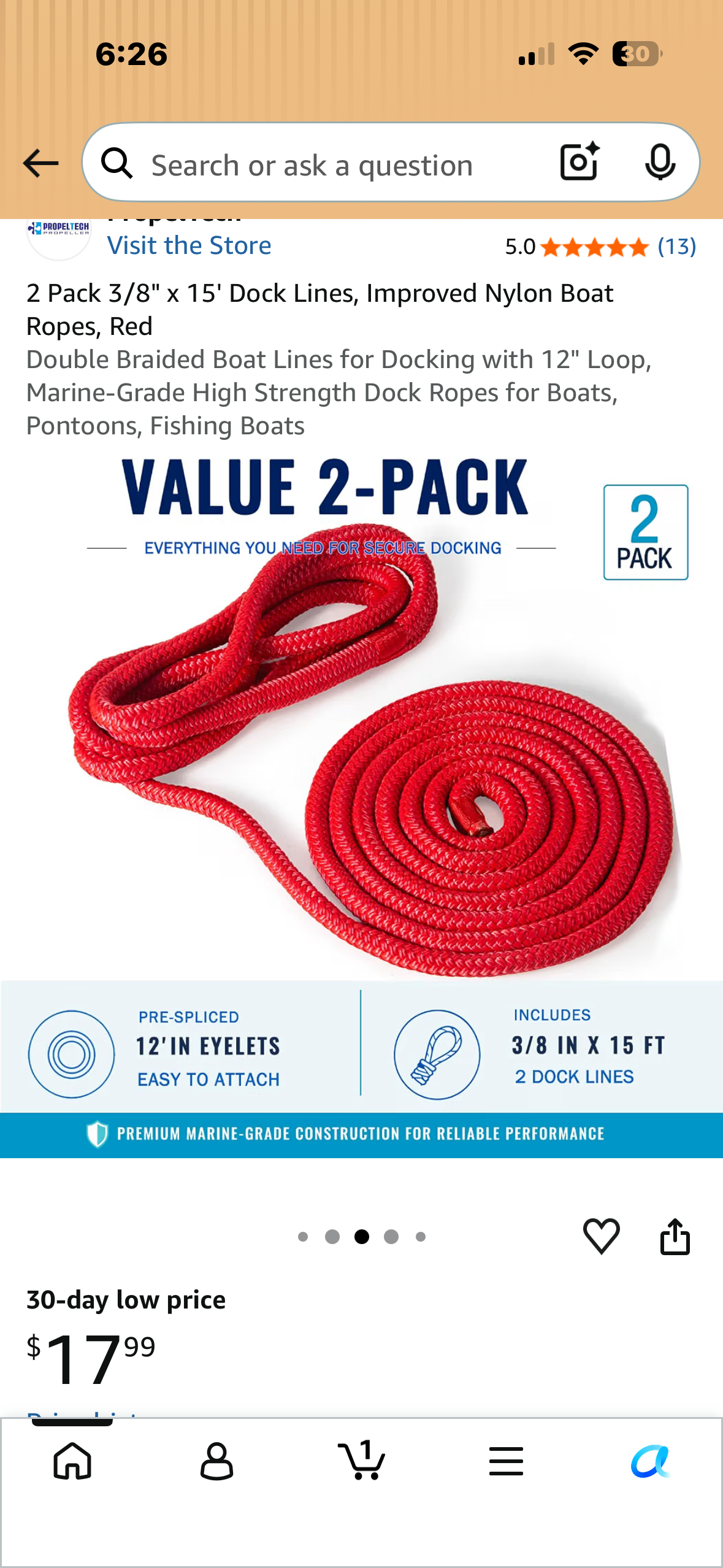 2 Pack 3/8" x 15' Dock Lines, Improved Nylon Boat Ropes, Red Double Braided Boat Lines for Docking with 12" Loop, Marine-Grade High Strength Dock Ropes for Boats, Pontoons, Fishing Boats