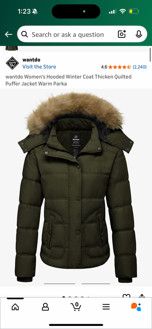 Wantdo Green Hooded Winter Coat, Fleece Lined, 4 Pockets, Faux Fur Hood Puffer Coat (Size 8)