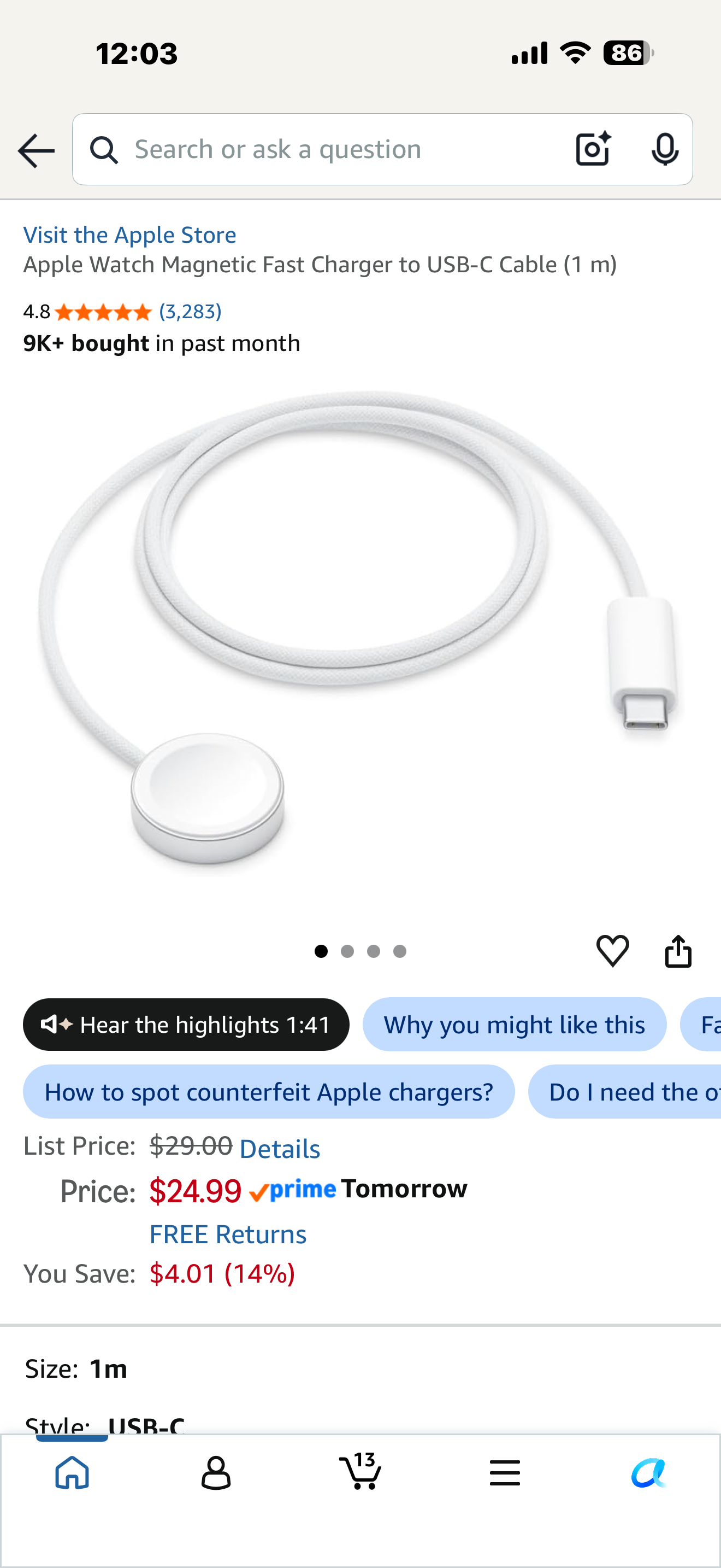 Apple Watch Magnetic Fast Charger to USB-C Cable (1 m)