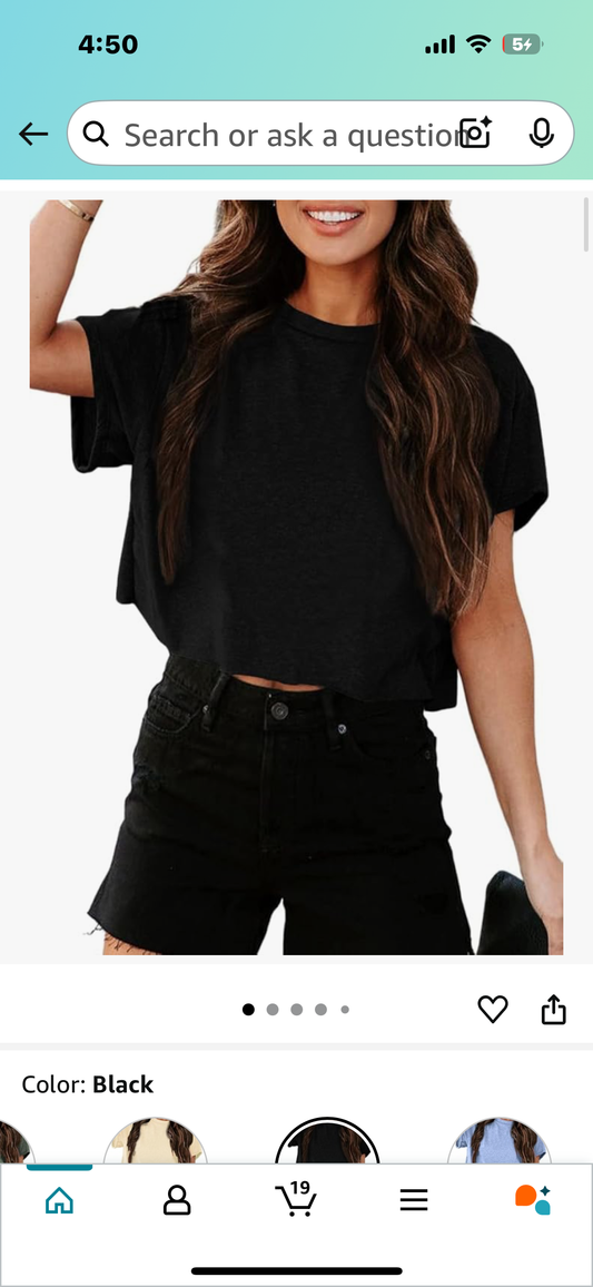 Women's Trendy Cropped Short Sleeve Loose Fit Crew Neck Basic Tee, Black (Size S)