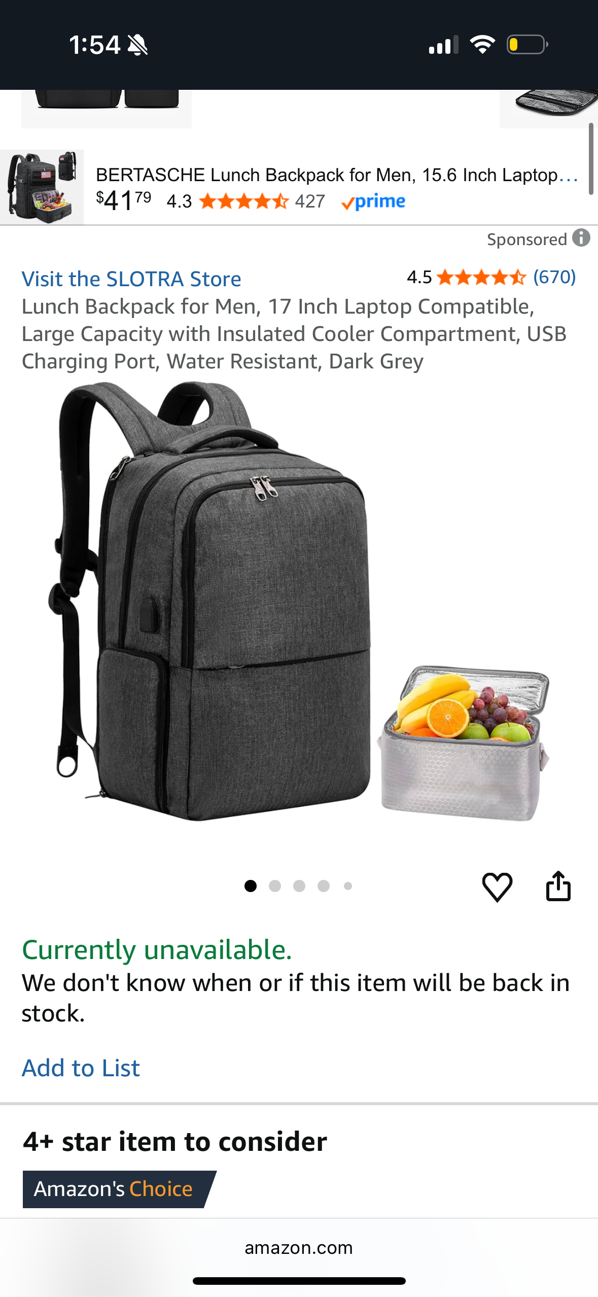 Lunch Backpack for Men, 17 Inch Laptop Compatible, Large Capacity with Insulated Cooler Compartment, USB Charging Port, Water Resistant, Dark Grey