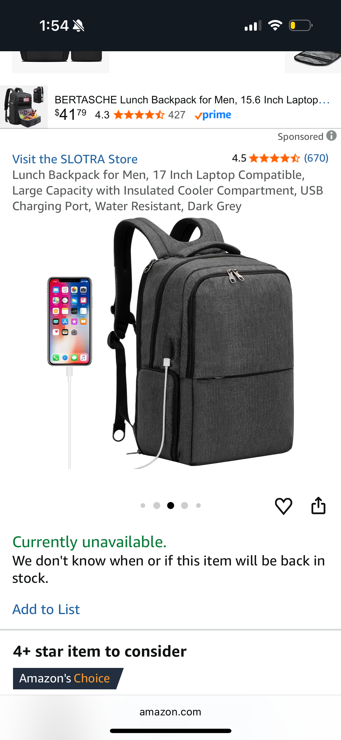 Lunch Backpack for Men, 17 Inch Laptop Compatible, Large Capacity with Insulated Cooler Compartment, USB Charging Port, Water Resistant, Dark Grey