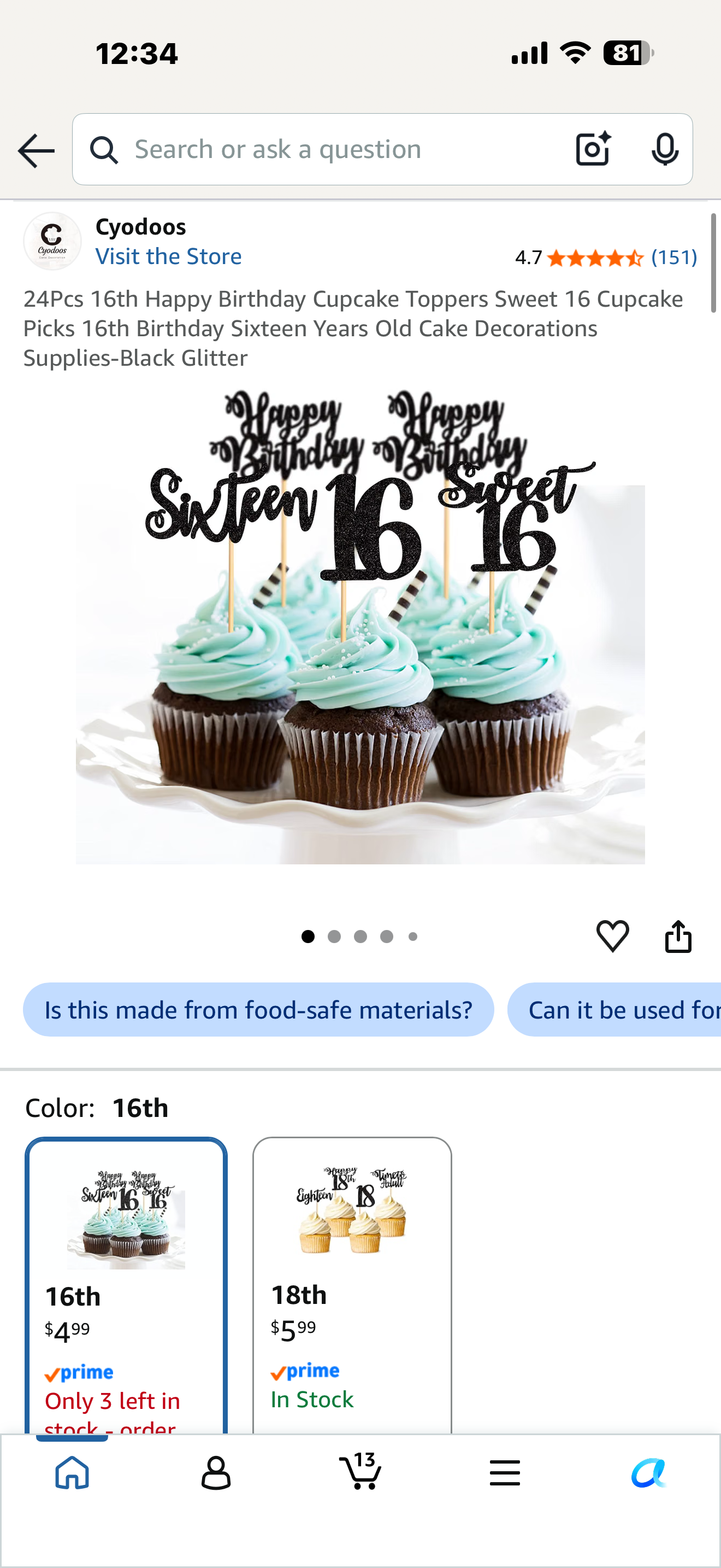 24Pcs 16th Happy Birthday Cupcake Toppers Sweet 16 Cupcake Picks 16th Birthday Sixteen Years Old Cake Decorations Supplies-Black Glitter