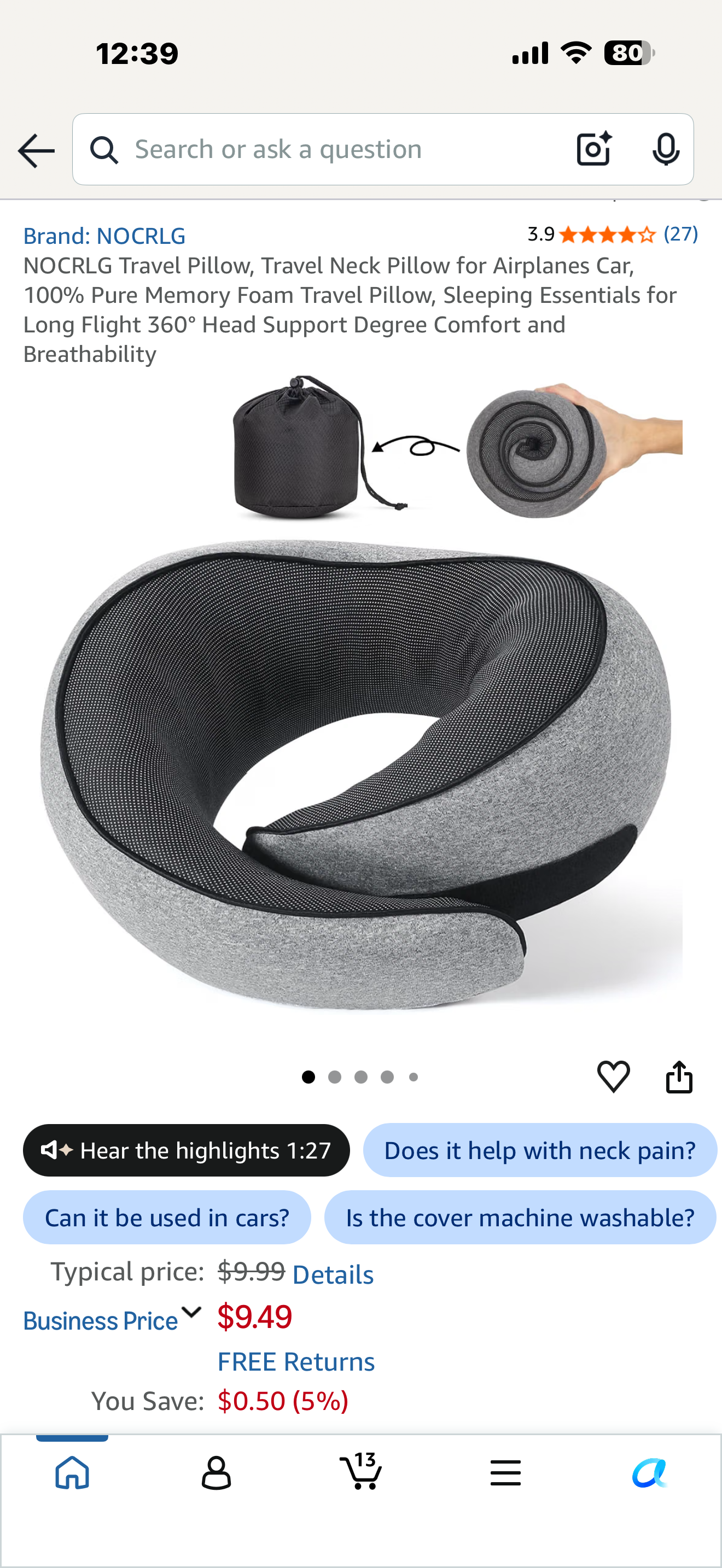 NOCRLG Travel Pillow, Travel Neck Pillow for Airplanes Car, 100% Pure Memory Foam Travel Pillow, Sleeping Essentials for Long Flight 360° Head Support Degree Comfort and Breathability
